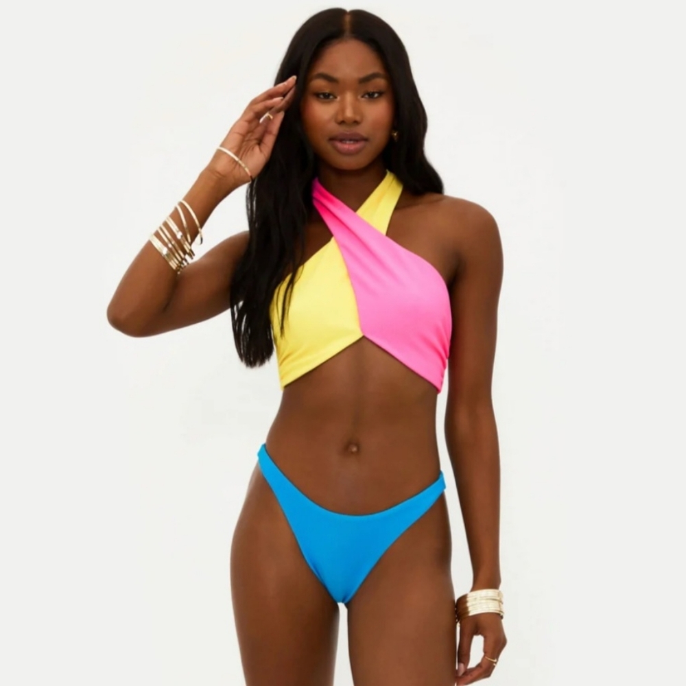 Beach Riot Swimsuit M Alex Colorblock Bikini Halter High Cut Made USA New $134